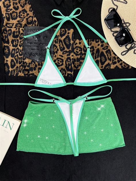 Shein Swim Sxy Rhinestone Studded Halter Triangle Bikini Swimsuit With Beach Skirt Shein Usa