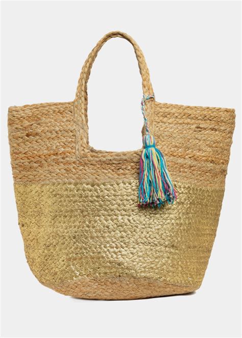 Big Jute Beach Bag W Gold Design