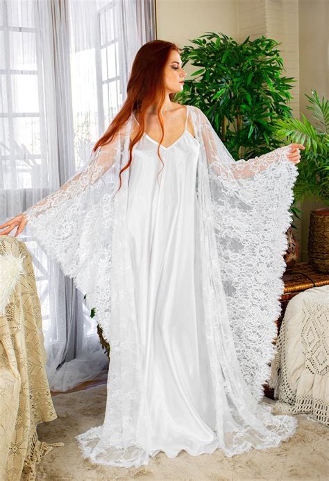 Bridal Lace Gown French Lace Lingerie Ivory White Lace Robe Lace Bridal Robe Wedding Night
