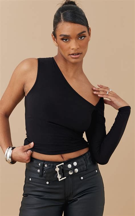 Black Slinky One Shoulder Top Tops Prettylittlething