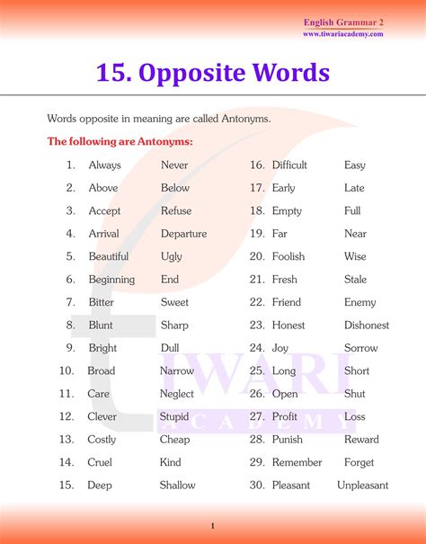 Class 2 English Grammar Chapter 15 Opposite Words for 2025-26