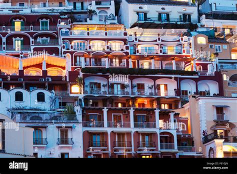 Positano Architecture At Sunset Positano Campania Italy Stock Photo