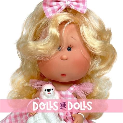 Nines D Onil Doll 30 Cm Mia ARTICULATED Blonde With Pink Plaid Dress And Pet Dolls And