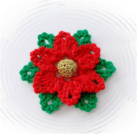 Crochet Brooch Applique Glitter Flower Christmas Flower Poinsettia Crochet Brooch Christmas