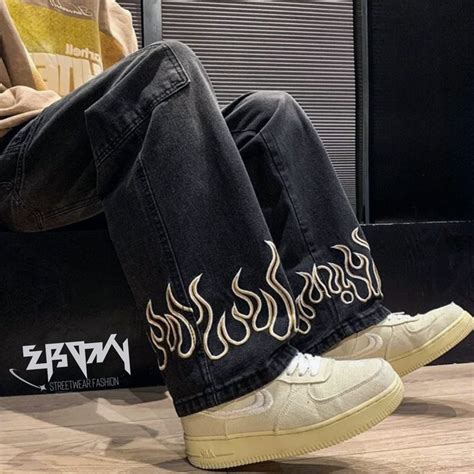 Ebony Streetwear Flame Pants Black Fire Design Streetwear Baggy Jeans