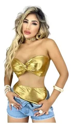 Conjunto Top Sem Bojo E Hot Pants Metalizado Bloquinho Mercadolivre
