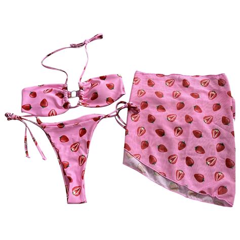 8QIDA Summer Black Bikini Bottoms Three Piece Mesh Strawberry Cute