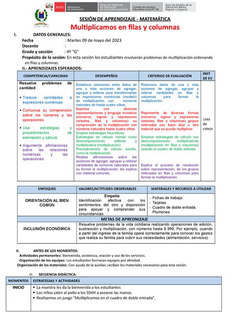 Sesi N Matematica Multiplicamos En Filas Y Columnas N Sesi N De