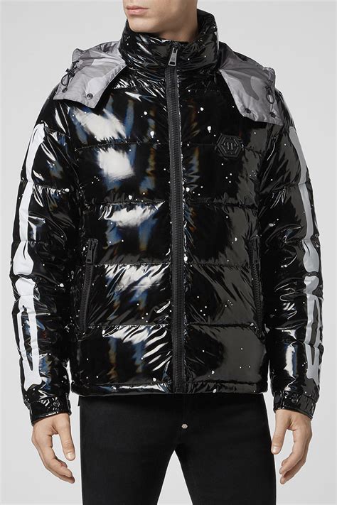 Мужской черный нейлоновый пуховик Skeleton с капюшоном от Philipp Plein ...