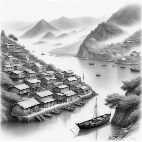 Foggy Seaside Mountain Village Stable Diffusion Online