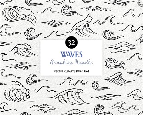 Waves Vector Clipart Hand Drawn Wave Line Graphics Beach Etsy