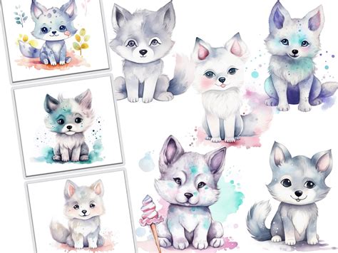 Watercolor Kawaii Wolves Clipart Bundle for Commercial Use, Digital ...