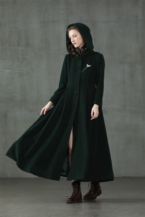 Hooded Maxi Wool Coat Retro Hooded Wool Coat Maxi Teal Coat Etsy