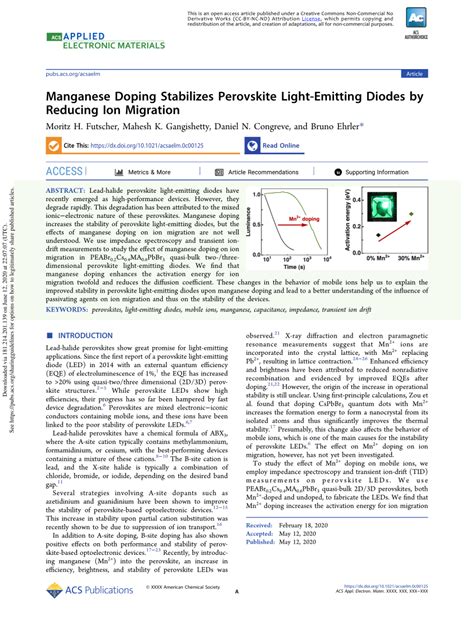 Pdf Manganese Doping Stabilizes Perovskite Light Emitting Diodes By