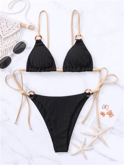 SHEIN Swim Basics Ribbed Bikini Set Ring Linked Triangle Thong Bra Thong Bottom 2 Piece