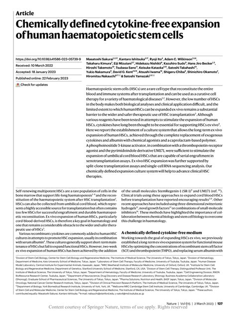 Chemically Defined Cytokine Free Expansion Of Human Haematopoietic Stem