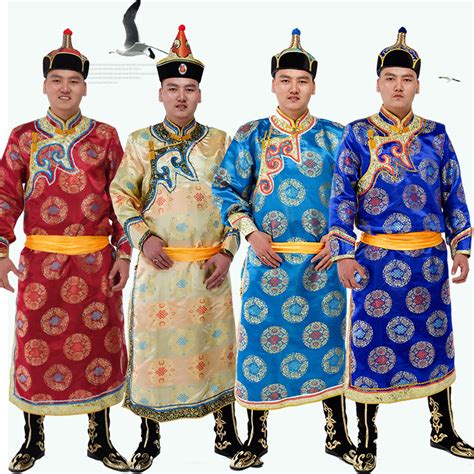 蒙古族服装男士蒙古袍成人缎面长款蒙古族演出服装男民族舞蹈服饰虎窝淘