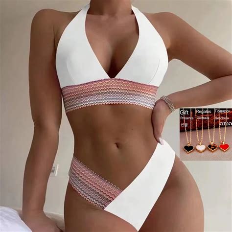 Bikini de cintura alta con cuello Halter para mujer traje de baño Sexy con Tanga conjunto de