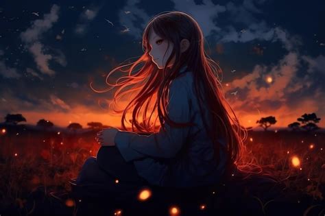 Premium AI Image | Anime girl with long hair sits in a field with a ...