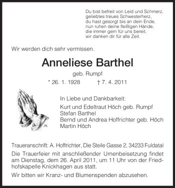 Traueranzeigen Von Anneliese Barthel Trauer Hna De