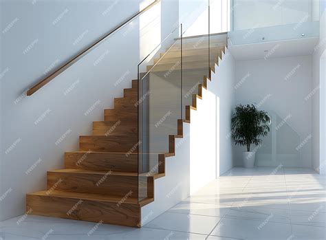 Modern wooden staircase in a luxury home with white walls and glass ...