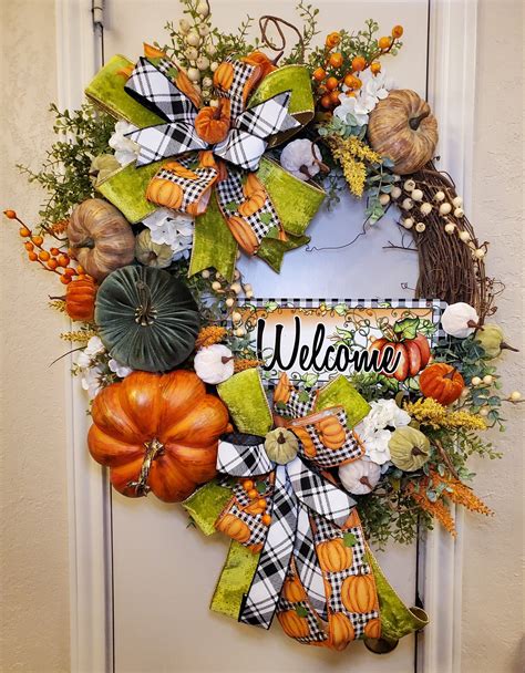 Fall Harvest Wreath Pumpkin Welcome Signfront Door Decor Fall Deco