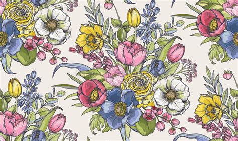 Vector Seamless Pattern With Bouquets Of Spring Flowers Leaves And