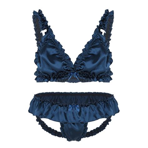 Buy ACSUSS Men S Satin Nightwear Frilly Ruffled Bra Top Sissy Thong Pair Of Lingerie Set Only