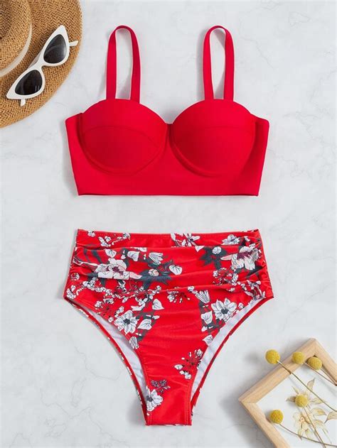 Floral Ruched Push Up High Waisted Bikini Swimsuit SHEIN USA
