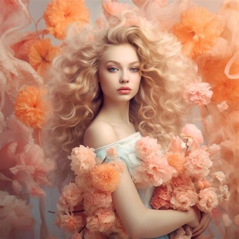 Premium Photo A Woman With Blonde Hair And A Blue Dress With Flowers In The Background