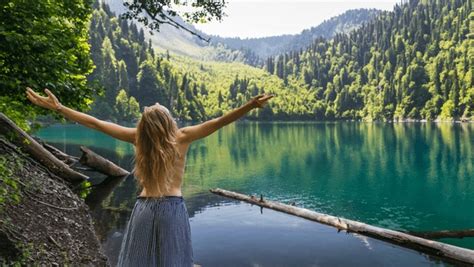 Beautiful Naked Fairy Mermaid Long Dark Hair Mystical Foggy Mountain Lake On Back View Fantasy