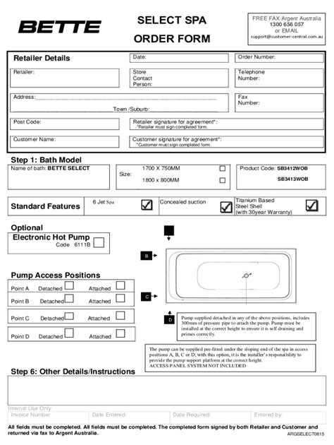 Fillable Online Select Spa Order Form Fax Email Print Pdffiller