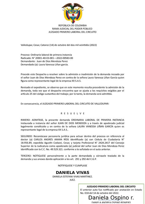 Copia De Auto Admisorio Rep Blica De Colombia Rama Judicial Del Poder