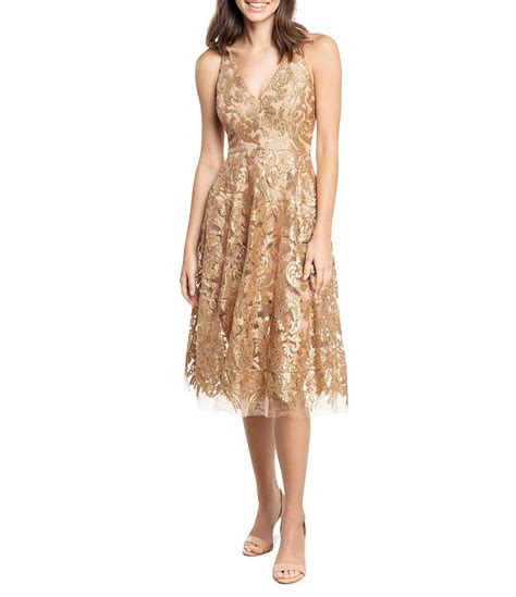 Dress The Population Blair Sequin Embroidered Mesh V Neck Sleeveless A Line Dress Dillards