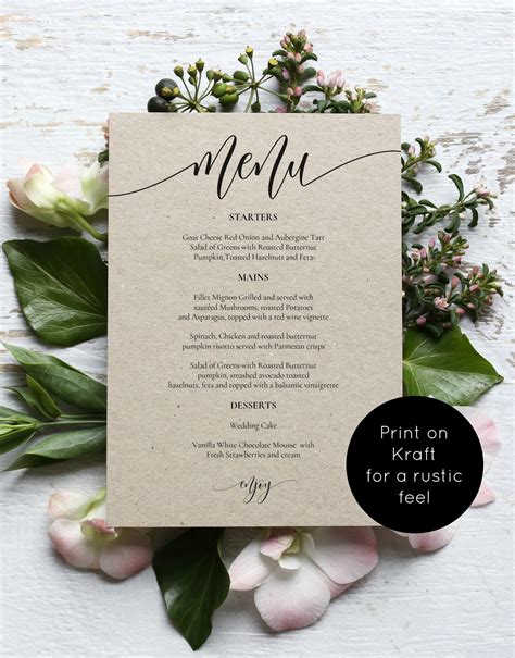 Wedding Menu Template Printable Menu Card 5x7 & 4x6 Wedding - Etsy UK