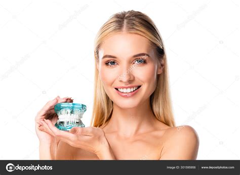 Naked Smiling Woman White Teeth Holding Jaw Model Isolated White Stock Photo Image By