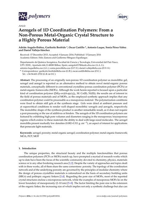 Pdf Aerogels Of 1d Coordination Polymers From A Non Porous Metal Organic Crystal Structure To