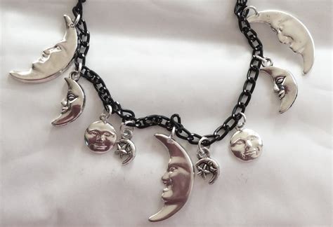 Phases Of The Moon Necklace Night Sky Silver Tone Charms On Black