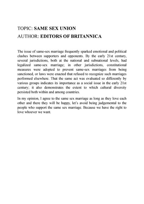 Topic It Is About Same Sex Topic Same Sex Union Author Editors Of Britannica The Issue