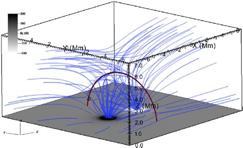 The 3D magnetic field configuration at t = 0 (blue field lines) and the ...