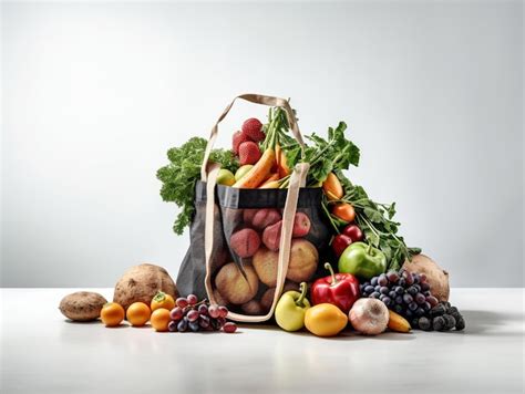 Una Bolsa De Frutas Y Verduras Sobre Una Mesa Foto Premium