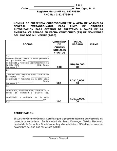 Modelo Nomina De Presencia S R