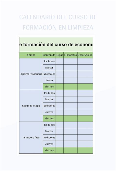 Plantilla De Formato Excel Calendario Del Curso De Formaci N En