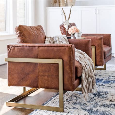 Luxurious Genuine Leather Club Chair With Brass Base Sophisticated