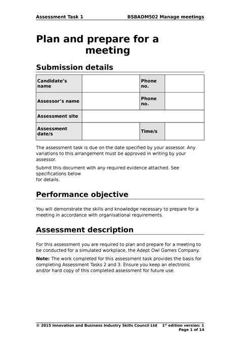 Bsbadm Assessment Task Plan And Prepare For Meeting Plan