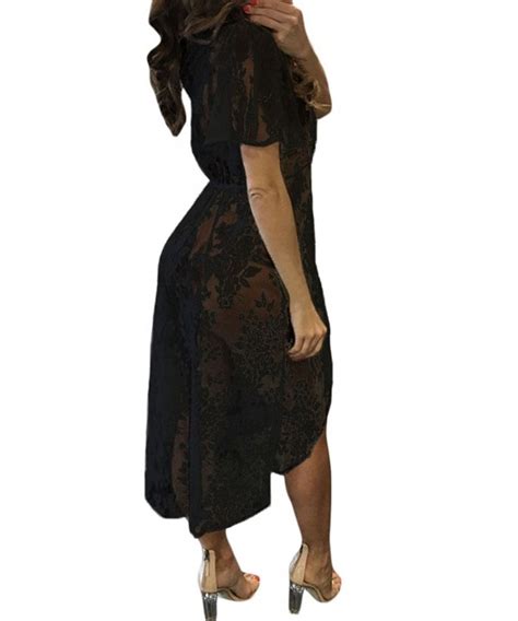 Womens Sexy Floral Sheer Lace Bikini Cover Up Summer Beach Dress Black Cq Ewcch
