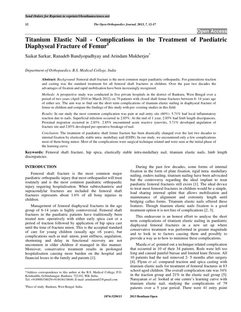 (PDF) Short Term Complications of Titanium Elastic Nail in the Treatment of Diaphyseal Fracture ...