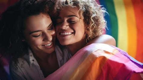 Premium AI Image Two Lesbian Girls With Rainbow Flag Happily Smiling And Celebrating Deeply In