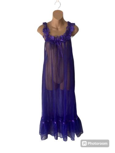 Sheer Nylon Lingerie Womens Long Tiered Nightgown Ruffled Neckline Purple Sz M Ebay