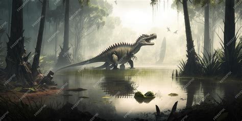 Criatura Pré Histórica Ou Dinossauro Na Natureza Selvagem Desenho De Estilo Realista Foto Premium